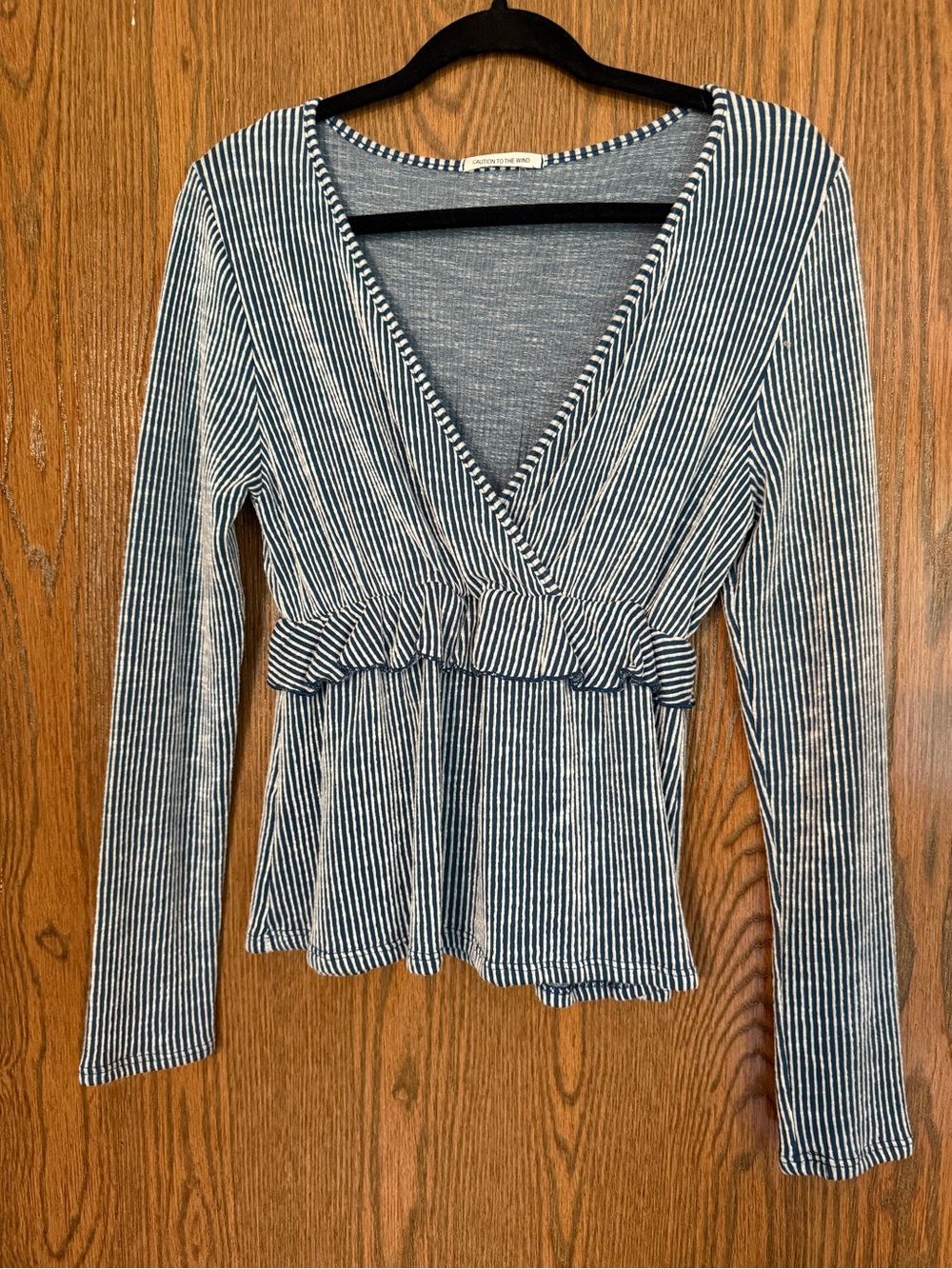 Caution To The Wind Blue & White Striped Deep V Peplum Long-Sleeve Top